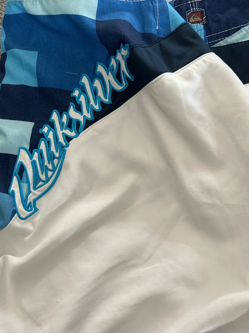 Quiksilver White and Blue Checkerboard Panel Board Shorts
